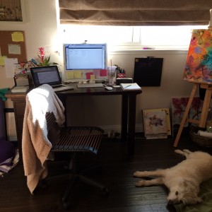My little creative studio, with canine co-worker Chloe working diligently nearby.